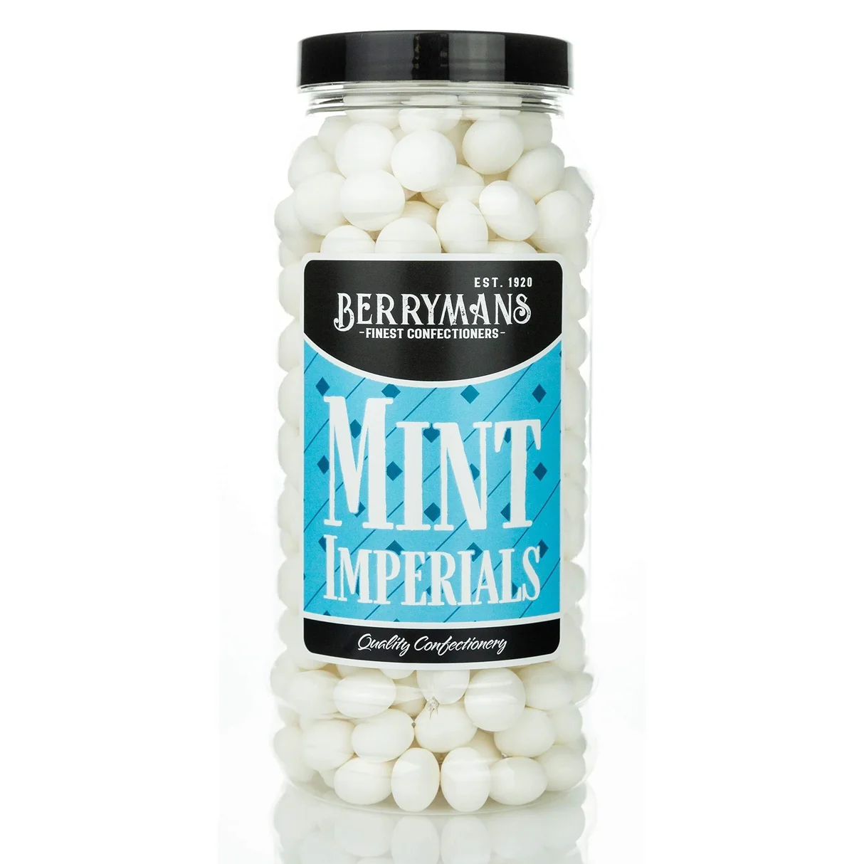 Jar of Berrymans Mint Imperials, a classic white mint sweet, ideal as corporate branded mints in United Kingdom